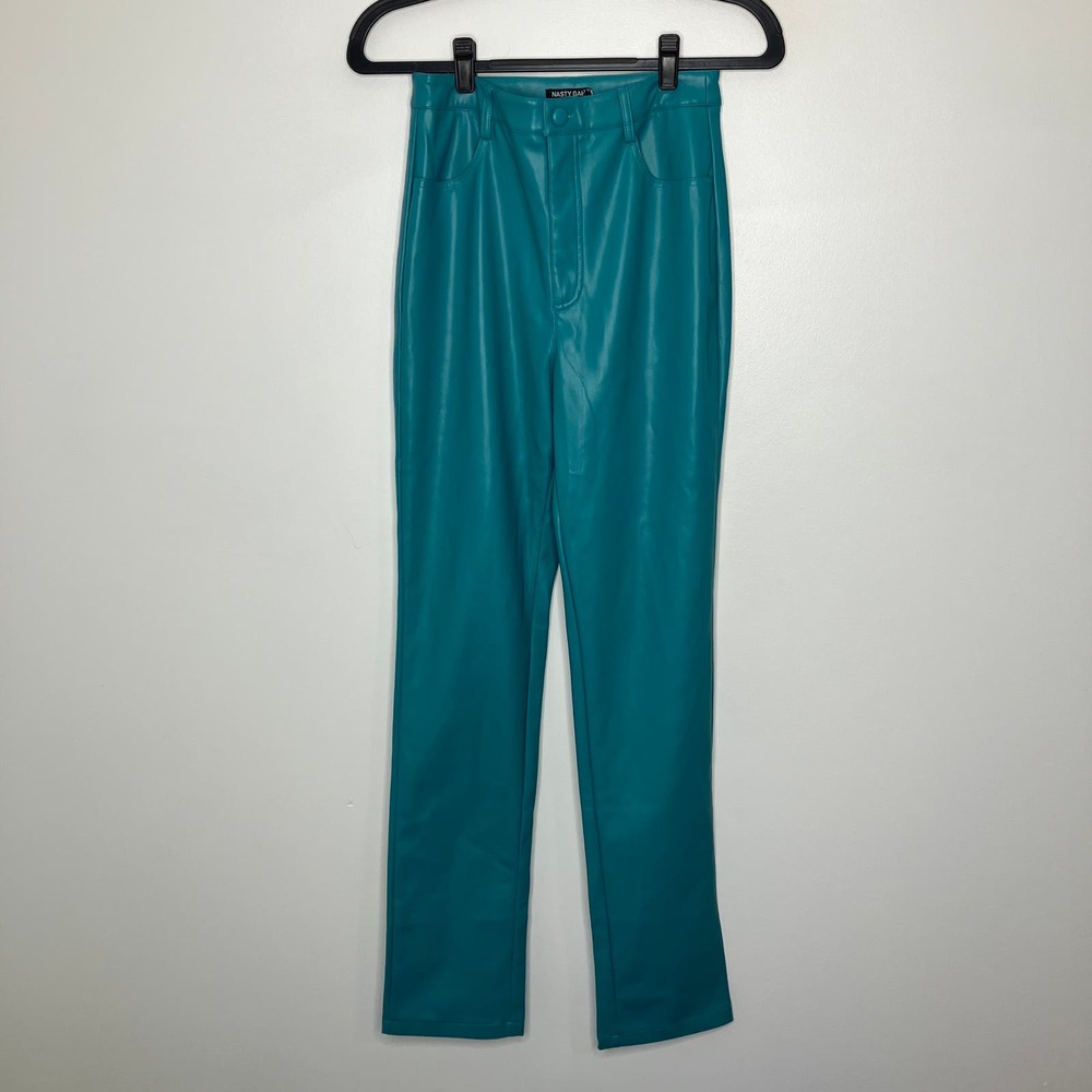 NWT NASTY GAL Faux Leather Kick Flare Trousers Teal 2
